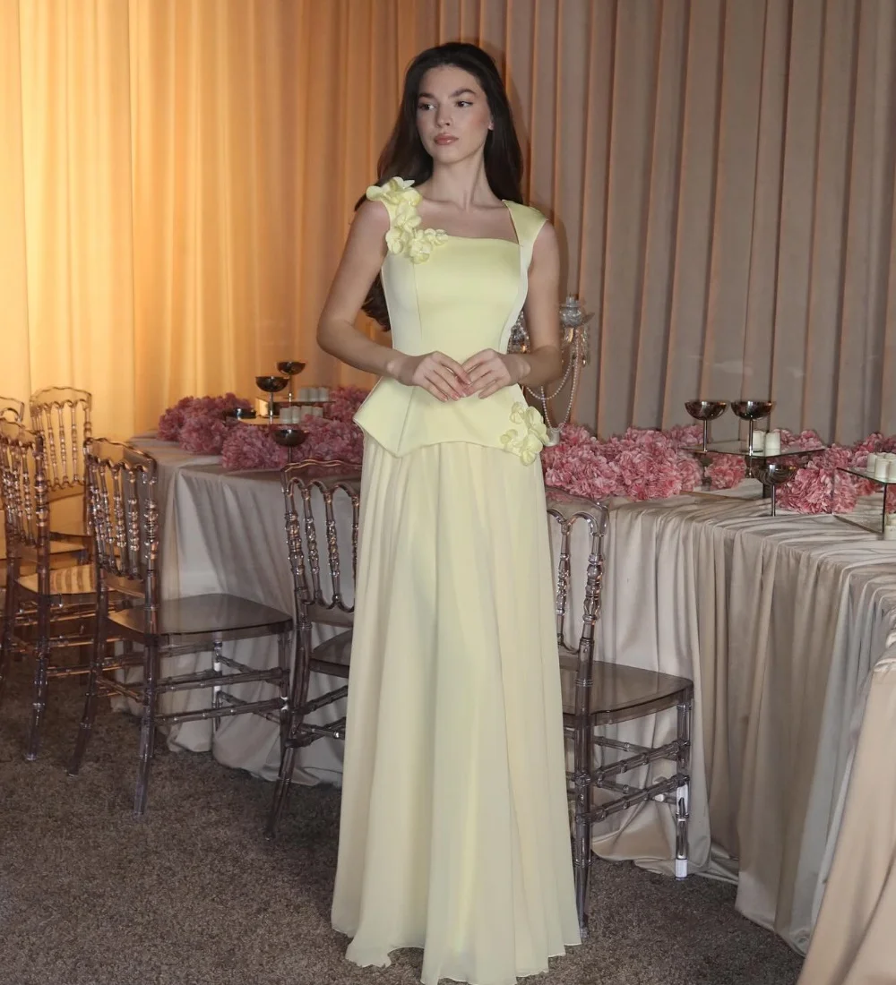 Customized Exquisite Casual Yellow Handmade Flower Pleat A-line Square Neck Formal For Birthday Party Matching Modern Style
