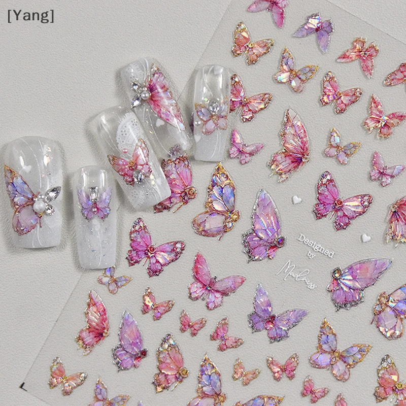 Kawaii borboleta adesivos de unhas luxo glitter decorações da arte do prego decalques diy manicure adesivos requintado em relevo adesivos de unhas