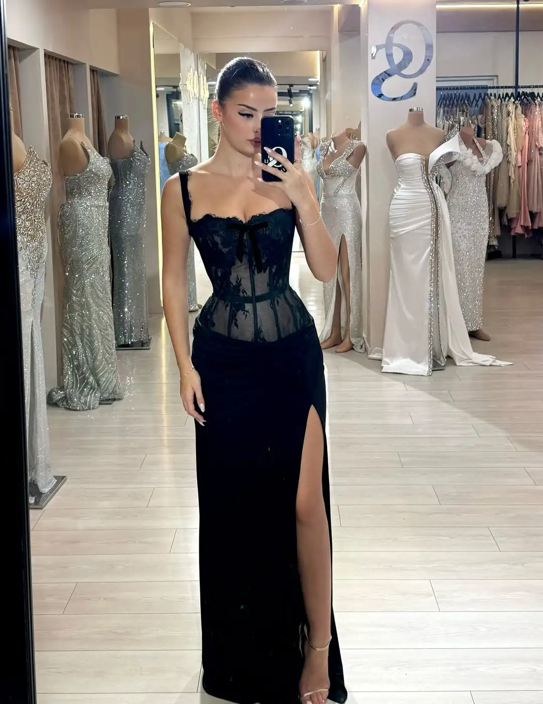 Ofherown-vestidos de fiesta con corsé de encaje negro, elegantes, con tirantes finos, abertura larga, vestidos de noche transparentes para fiesta, personalizados