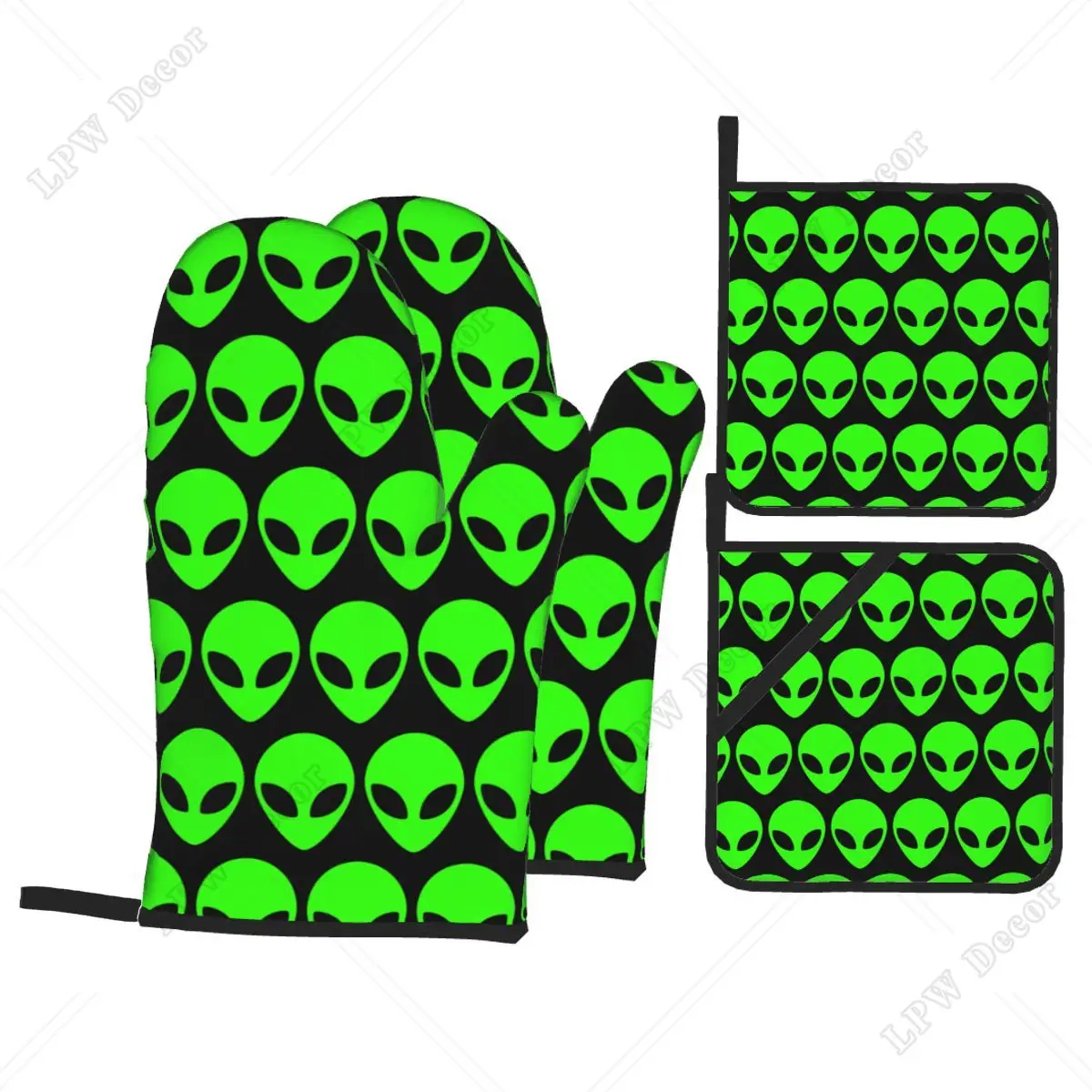 

Space Alien Oven Mitts and Pot Holders Sets of 4 Custom Heat Resistant Non-Slip Kitchen BBQ Gloves for Baking Cooking