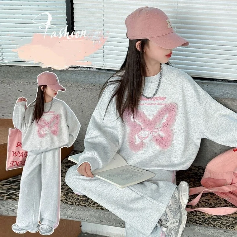 

Детские осенние спортивные костюмы для девочек, кружевная толстовка с бабочкой + брюки, 2 шт., свободные спортивные костюмы для подростков, весенняя детская повседневная одежда, От 4 до 14 лет