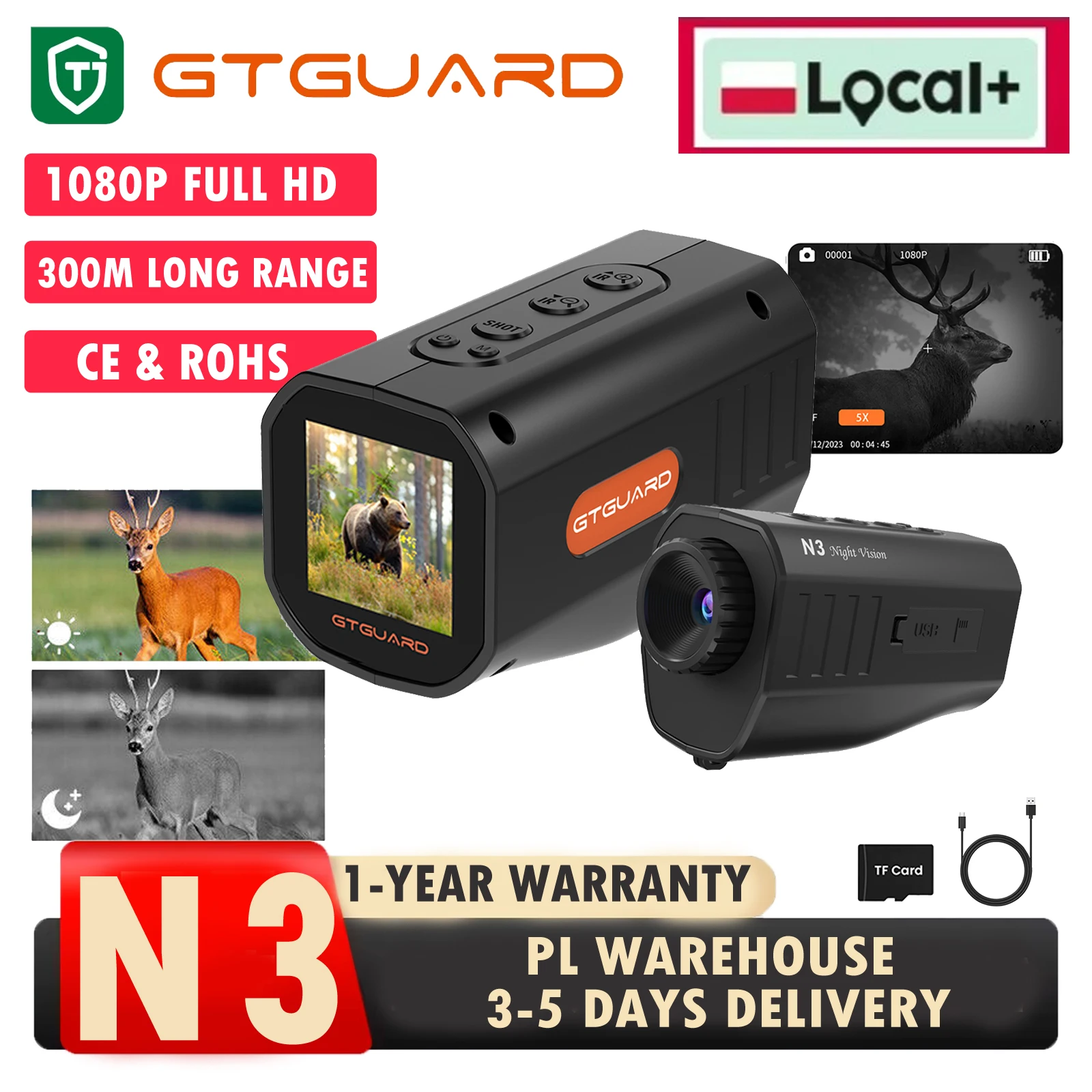 PL Auf Lager GTGUARD N3 Monokulares Nachtsichtgerät 5X Digitalzoom 1080P HD-Brille 3W 850nm Infrarot-Nachtsichtteleskop