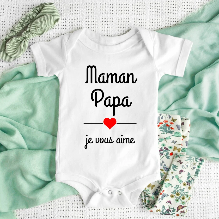 Mom Dad I Love You Baby Bodysuit Red Heart Print Newborn Short Sleeve Onesie French Infant Romper Baby Shower Gift