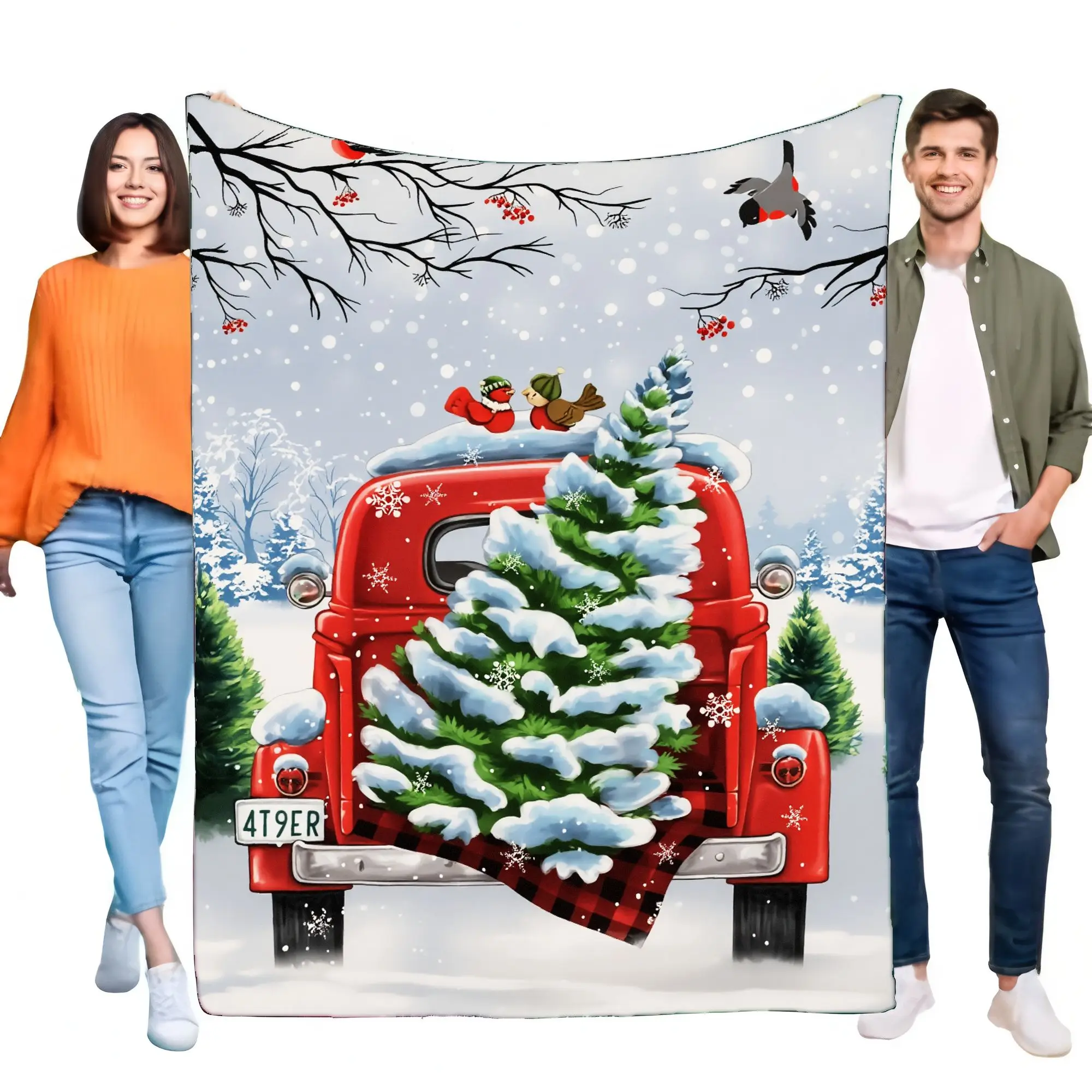 Gemütliche Weihnachts-Überwurfdecke mit rotem Vintage-LKW-Schneebaum-Design, perfekt für Heimdekoration, Sofa, Bett und Weihnachtsgeschenke für F
