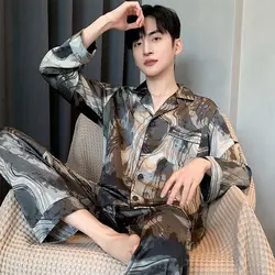 Pijama de manga larga para hombre, pantalones finos de seda de hielo, cómodos, primavera y otoño, verano, novedad de 2024