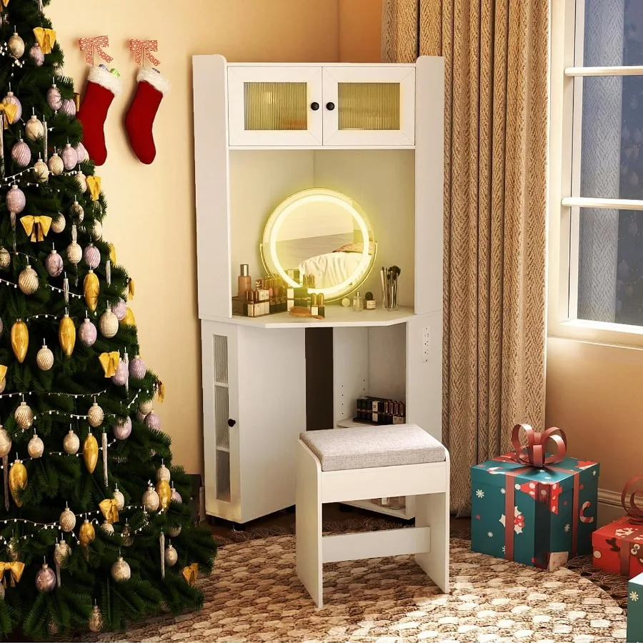 Corner Vanity Desk with Mirror Lights, Compact Dressing Table with Charging Station Cushioned Stool, Modern Makeup Vanity with