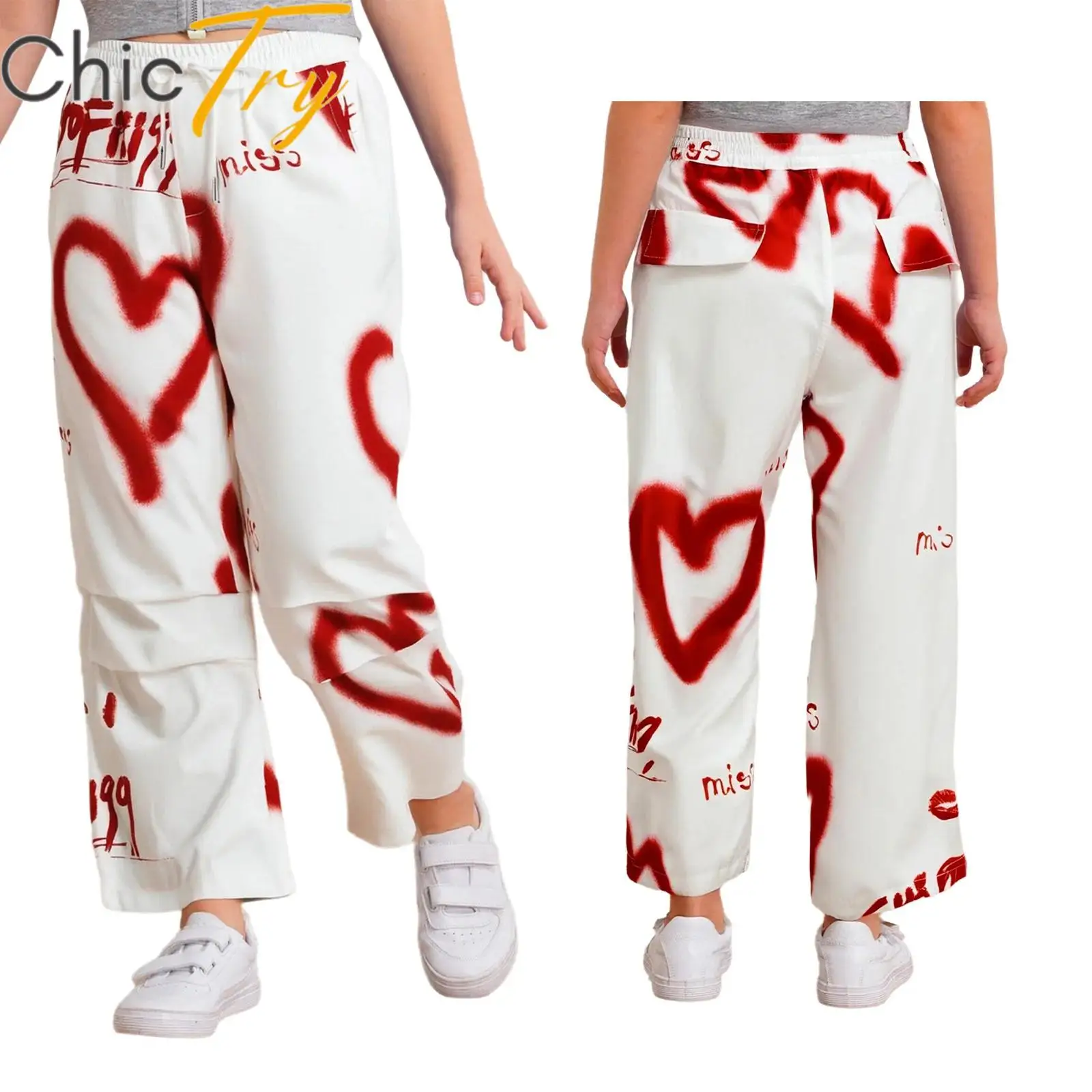 

Kids Girls Summer Heart Print Fashion Pants Drawstrings Pockets Casual Pants Jazz Dancewear Pants Cargo Pants Daily Trousers