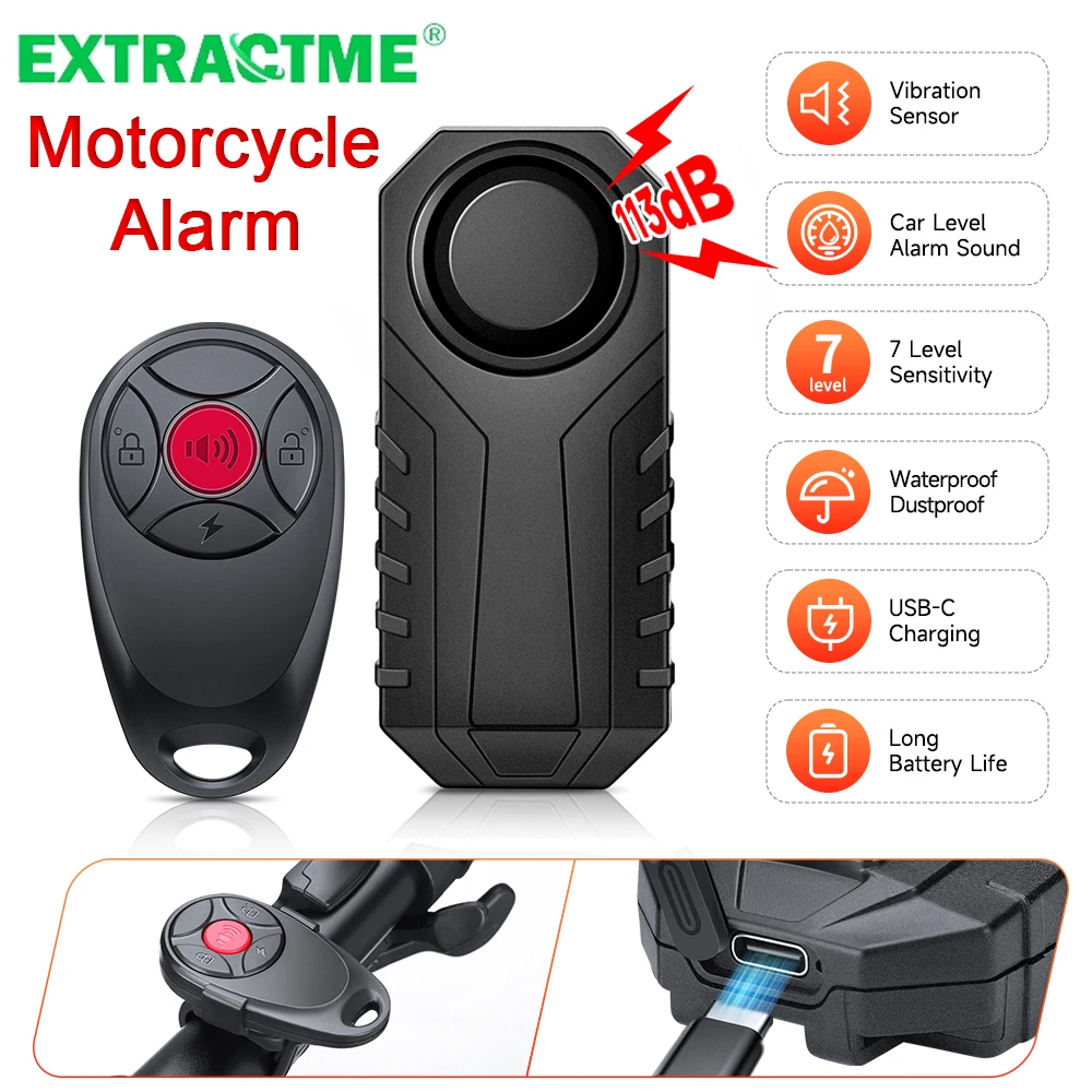 Extractme-Alarme de sécurité pour moto, aste, étanche, anti-vol, pour vélo, scooter électrique, 113dB