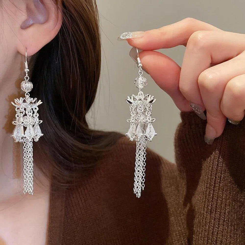 Miao Silver Fish Drop Hanging Earrings Bohemian Ethnic Style Long Hyperbole Tassel Hollow Geometry Jewelry Festival Accessory