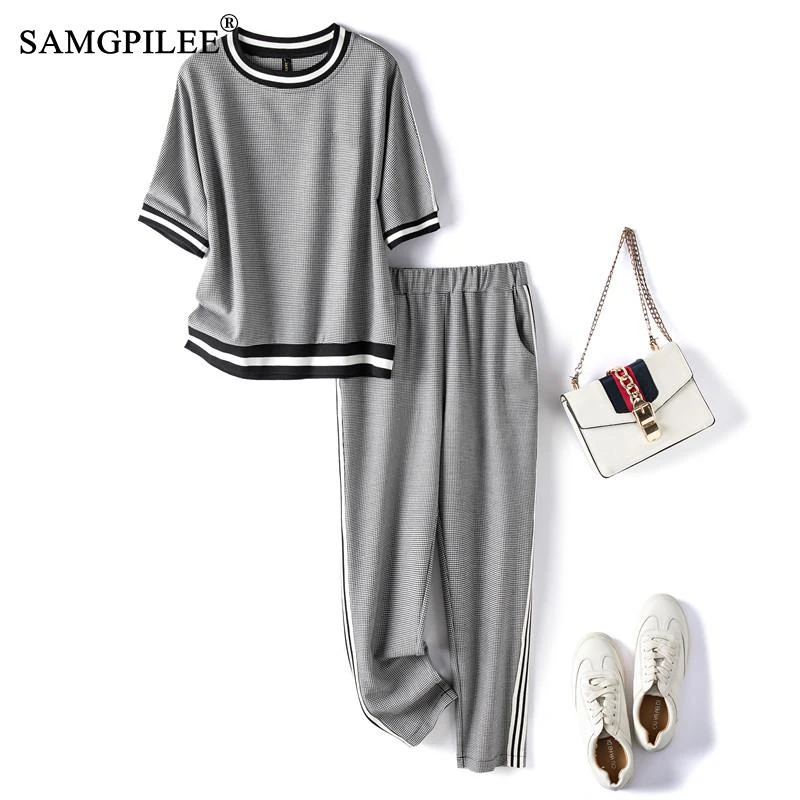 

Two Piece Pants Sets Short Sleeve Casual Pullover O-neck Elastic Waist Summer 2022 Plaid Full Length Outfits For Women