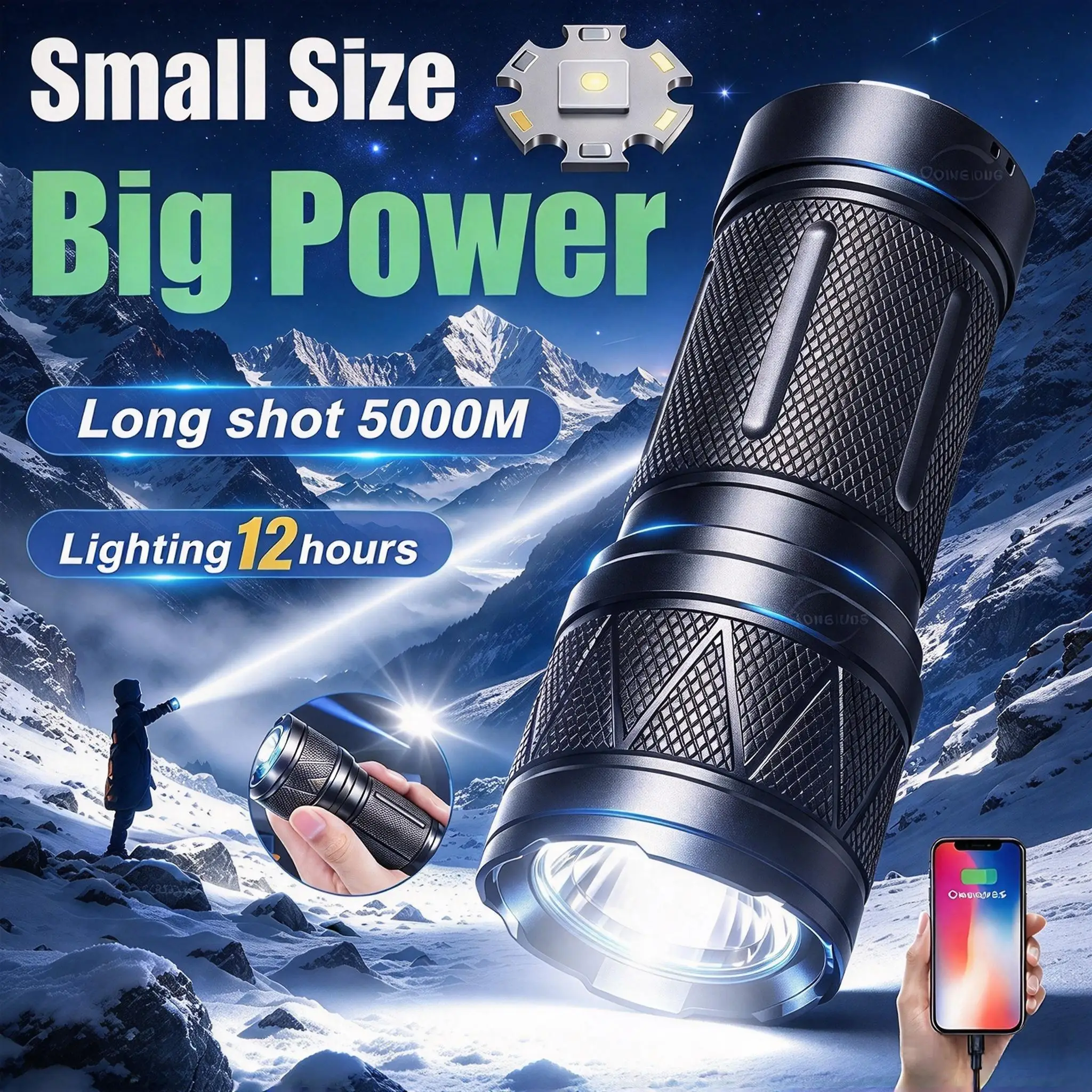 HDL New Upgrade LED Flashlight Ultra-Bright 12000mAh Rechargeable Battery Powerful Torch Zoomable Tactical Lantern for Camping