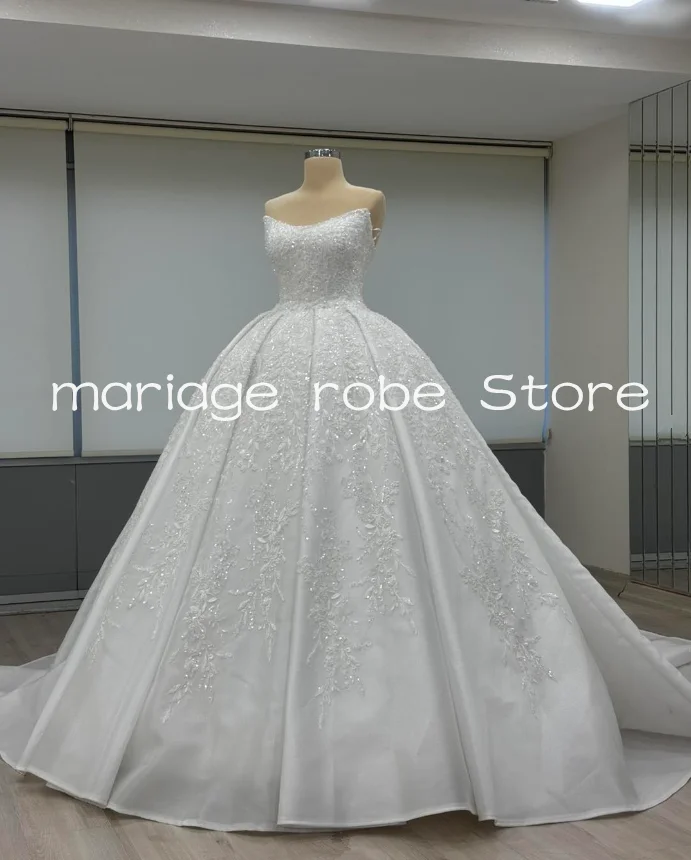 فساتين زفاف الأميرة سباركلي مزينة بريق الدانتيل متابعة مشد بدون حمالات فستان زفاف مخصص gel̇nli̇k الزي #1