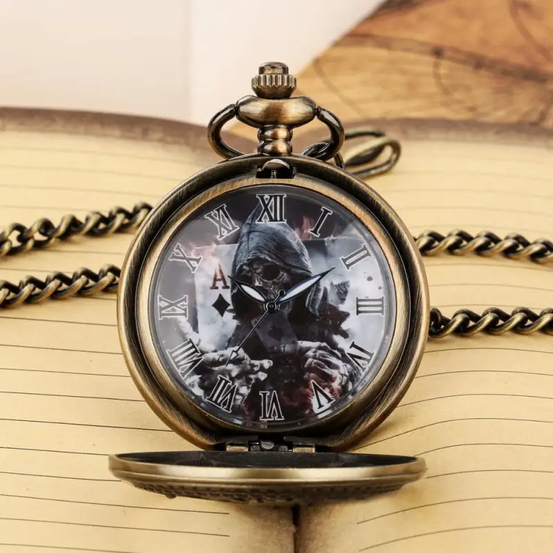 Bronze Retro Poker Cartões Crânio Design Fantasma Display Steampunk Quartz Pocket Watch Fob Vintage Antique Clock com 80cm/38cm Cadeia