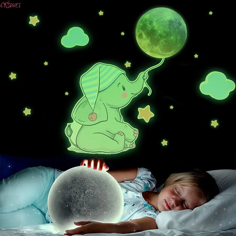 

Luminous Baby Bear Moon Elephant Wall Stickers For Baby Kids Room Bedroom Home Deco Decals Glow In The Dark Combination Stickers