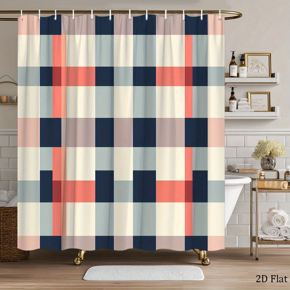 Color Block Plaid Shower Curtain Navy, Coral & Beige Grid Design, Modern Minimalist Pattern for Contemporary Bathroom Decor