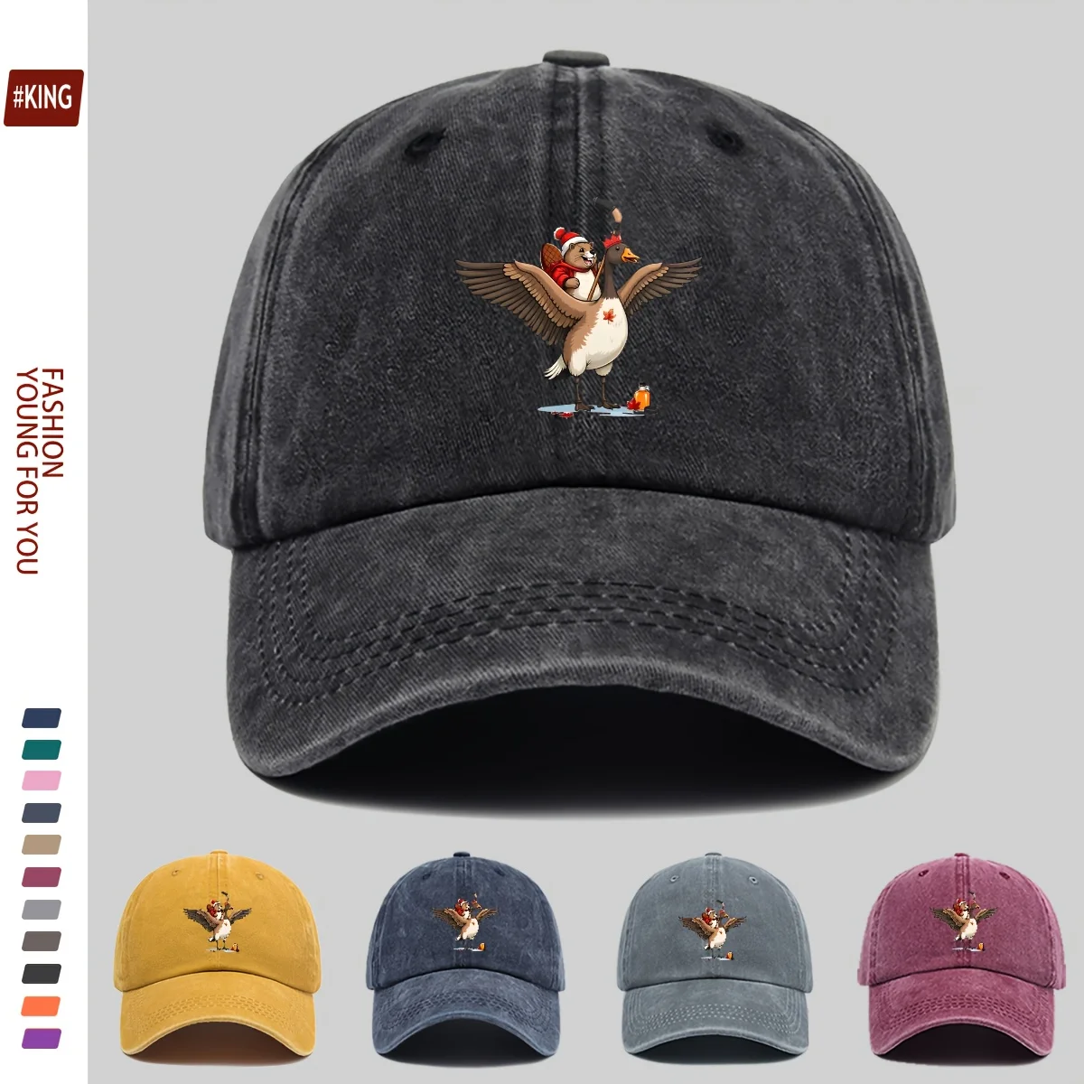 1pc Canadian Cartoon Vintage Baseball Cap with Beaver Goose and Maple Leaf Print Lightweight Breathable Polyester Hat