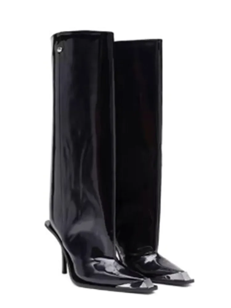 Autumn and Winter New Metal Pointed Patent Leather Knee High Boots, Slim High Heels, Wide Tube Women\'s Oversized Boots