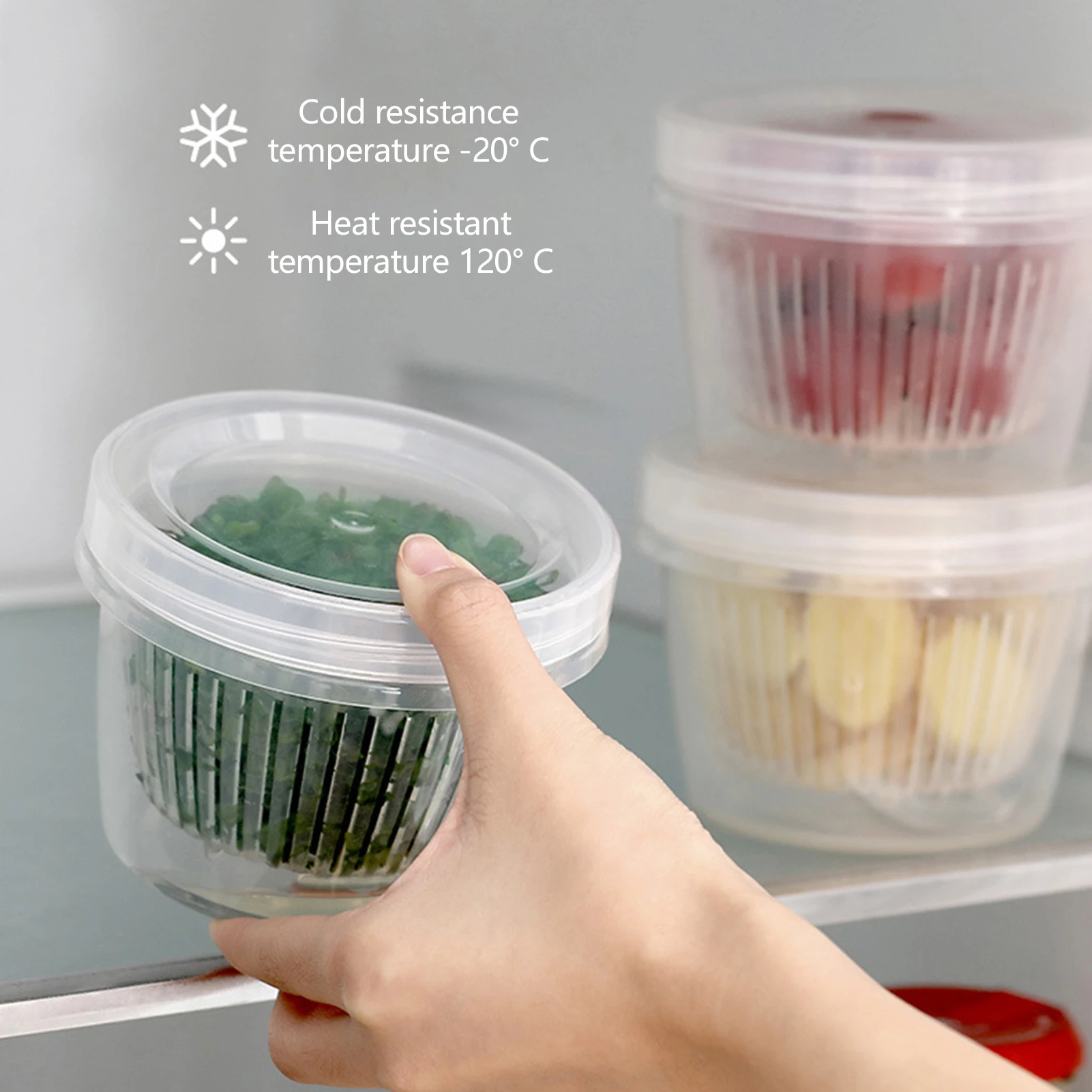 

Refrigerator Storage Box Mini Vegetable Storage Box with Drain Basket Double Layer Storage Boxes Container Kitchen Organizer