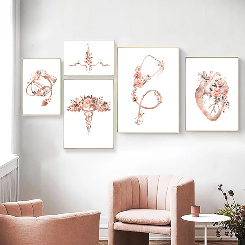 Heart Stethoscope EKG Flower Medical Posters and Prints Cardiologist Office Wall Art Pictures Canvas Painting Decor Doctor Gi