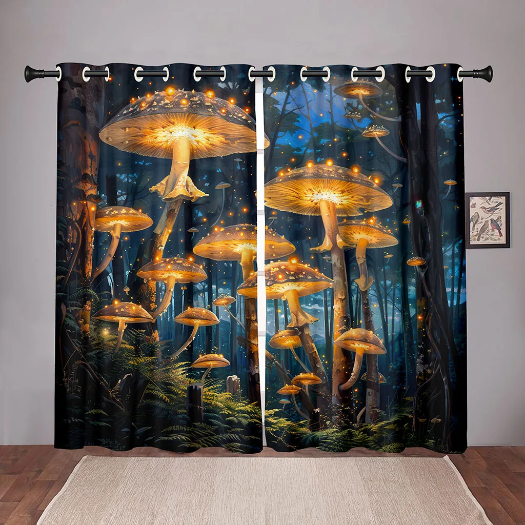 2 Pcs Neon Mushroom Curtains Fantasy Forest Print Living Room Bedroom Decorative Curtains Dreamy Starry Sky Sun Shade Drapes