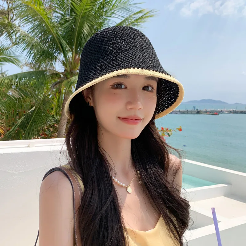 

Hat Women's Summer Breathable Cut-out Sun Hat New Fashion Versatile Bucket Hat Anti-UV Knitted Pot Hats