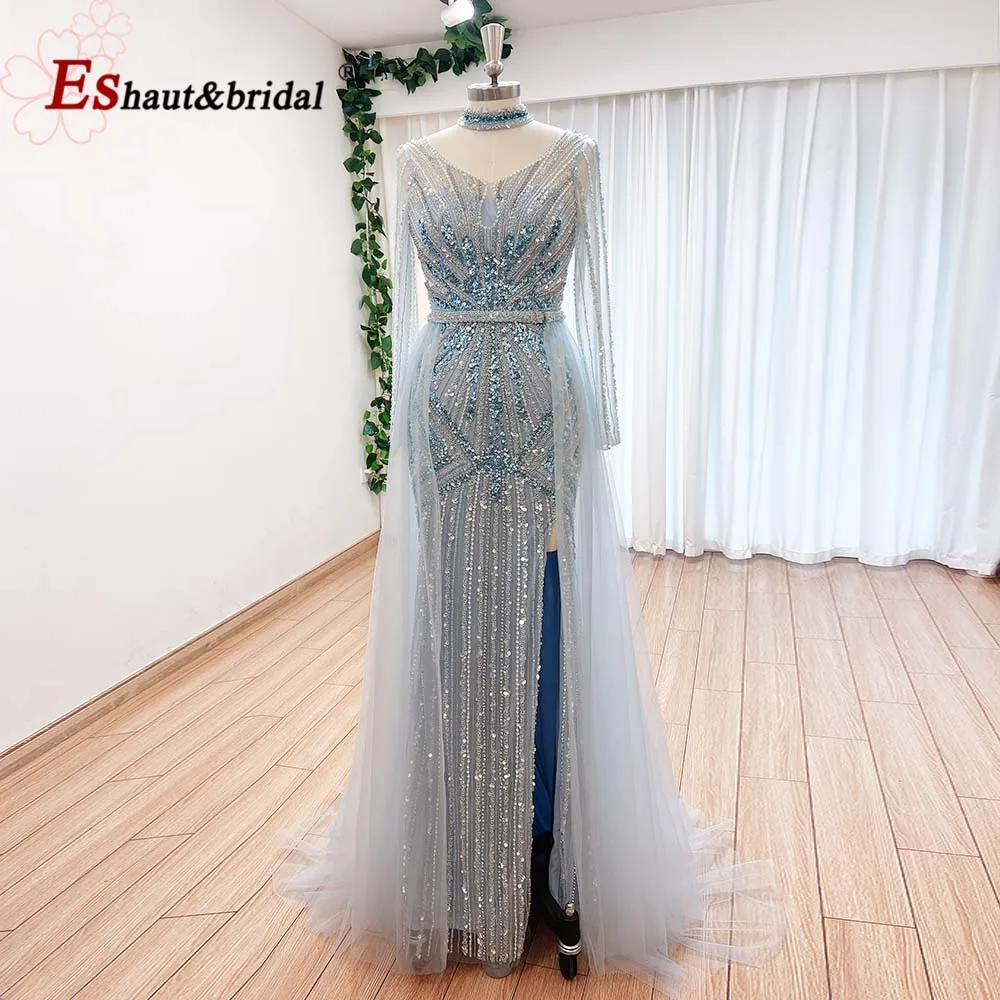 Elegant Mermaid Beads Evening Dress for Women with Detachable Train 2024 Long Sleeves Side Slit Formal Prom Wedding Party Gowns