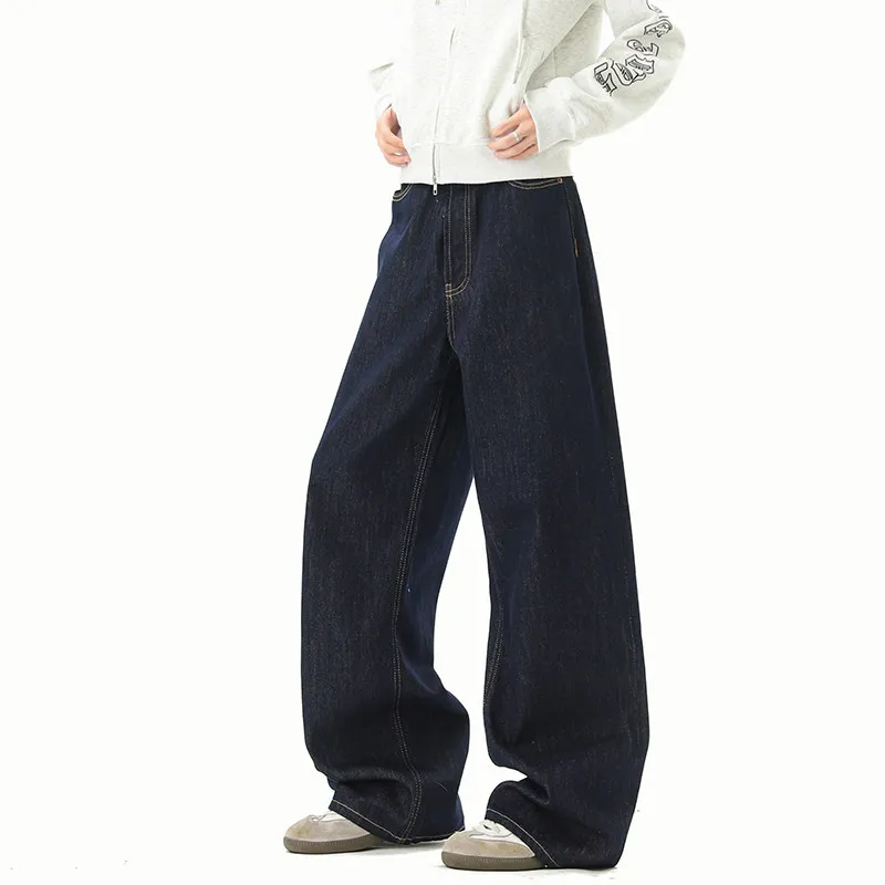 Men's Denim Pants Solid Color Pockets American Style Simple Trousers All-match Wide Leg Loose Casual Male Jeans Tide