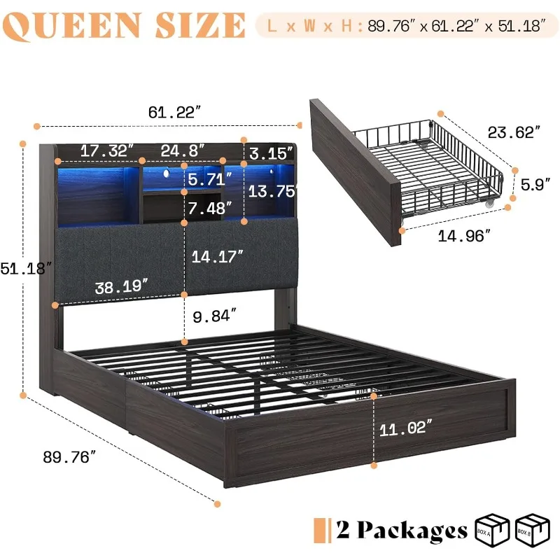 Queen Platform Bed with 4 Storage Drawers, 51.2 