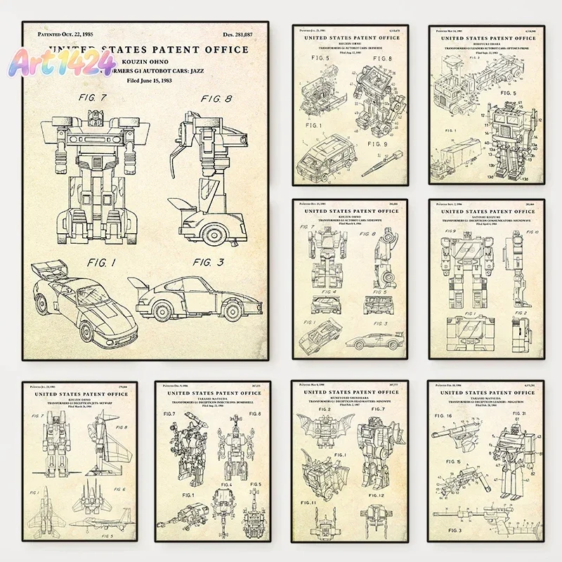 Vintage Toys Blueprint Patent Poster Transformer Robot Autobots Canvas Painting Wall Art Picture Kids Game Room Home Decor Mural