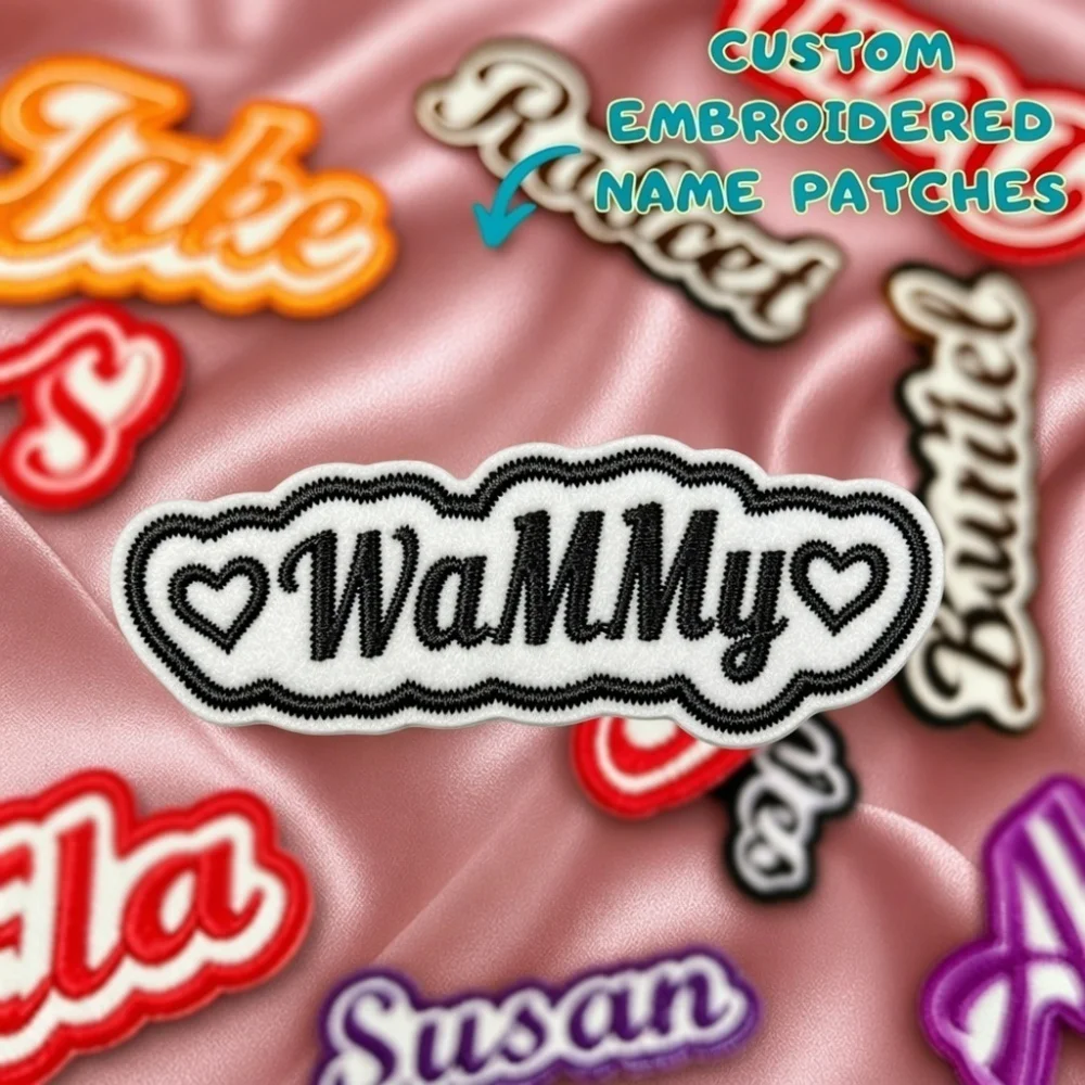 Custom Script Embroidered Name Patch with Heart Ends, Double Outline Iron On Personalized Name Tag for Jacket Backpack Hat
