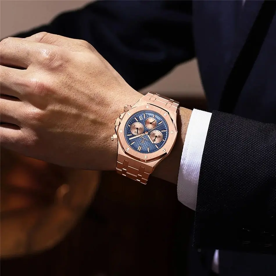 POEDAGAR ساعة يد رجالية أصلية فاخرة تاريخ مضيئة مقاومة للماء من الفولاذ المقاوم للصدأ للرجال ساعات كوارتز عصرية للأعمال