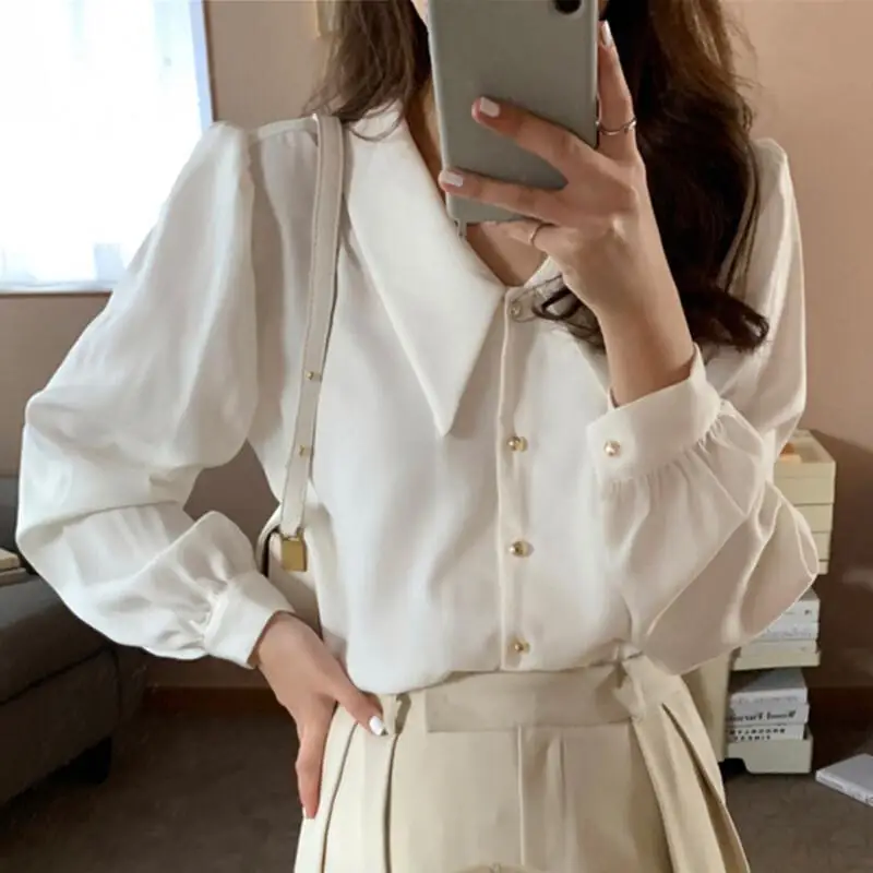 

French Style Long Sleeve Blouse Cotton Ladies Spring Summer Fashion Single Button Loose Fit Versatile Plain Color Blouse