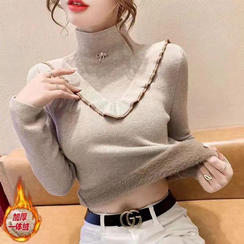 

2024 Women's Autumn Winter New Long Sleeve Knitted Tops Female Solid Cashmere Jumpers Ladies Half-high Collar Sweater Tops B781