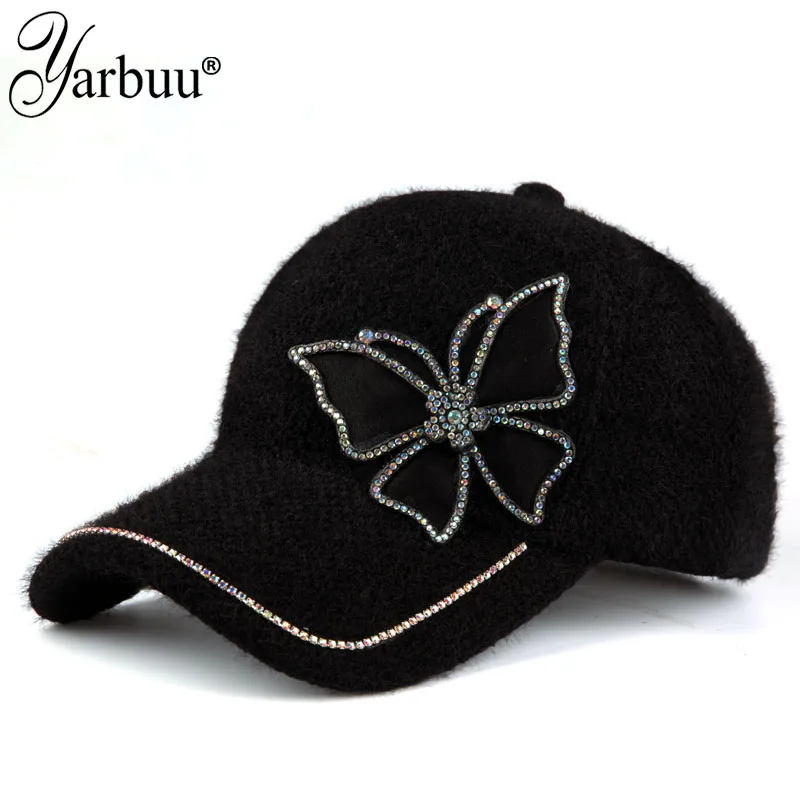 [YARBUU] High Quality Winter Baseball Cap For Women Butterfly Rhinestone Gorras Caps Keep Warm Casquette Hats