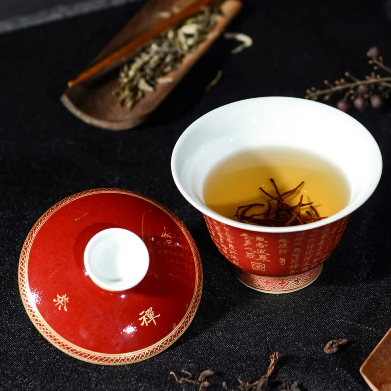 Red Worship Egg-Shell Porcelain Sancai Gaiwan Tea Cup Jingdezhen Pure Handmade Ceramics Real Gold Calligraphy Heart Sutra Hand-H