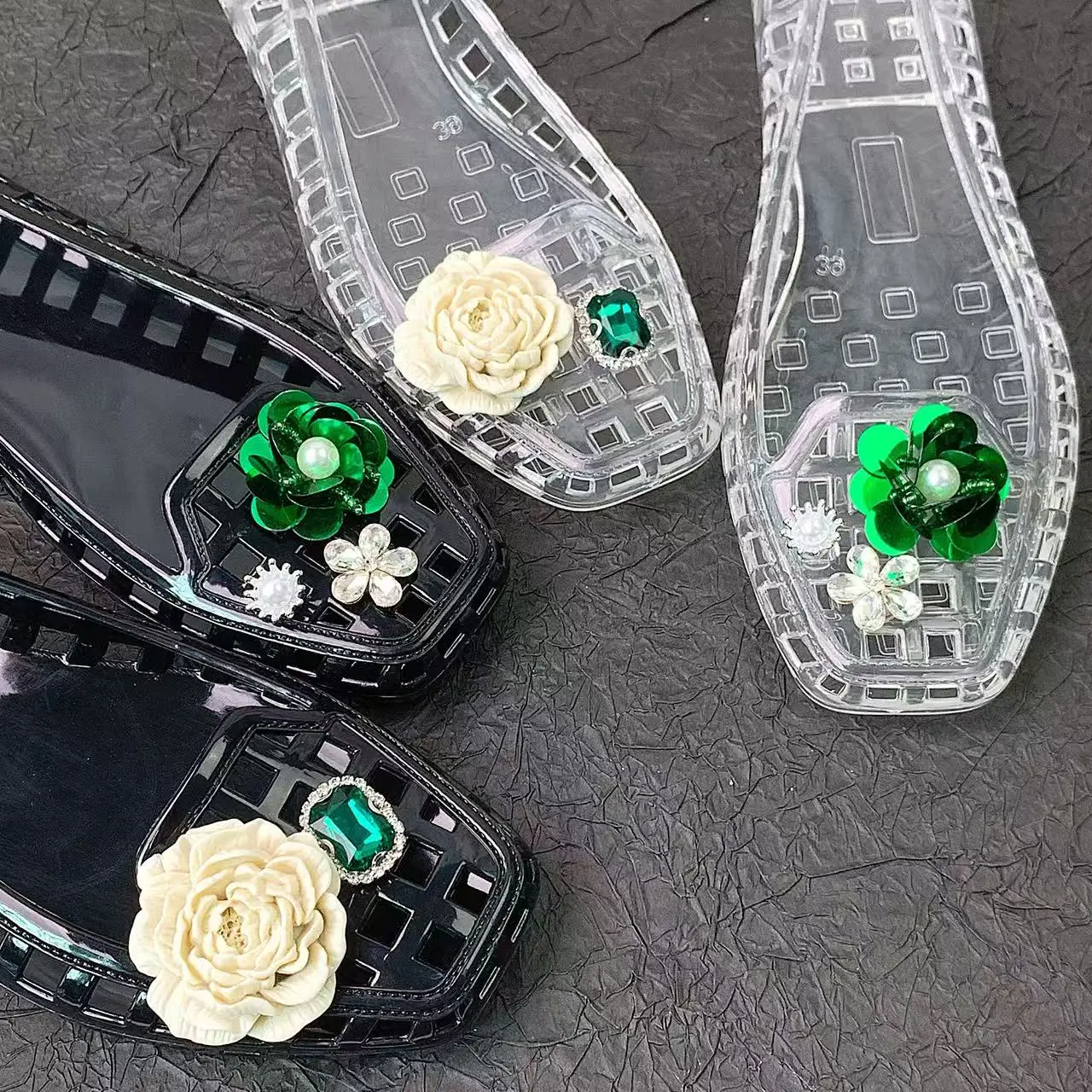 Cross-Border Korean Ins New Summer Square-Toed Women's Shoes Green Fairy Set Accessories Crystal Clogs Sandals Jelly Shoes