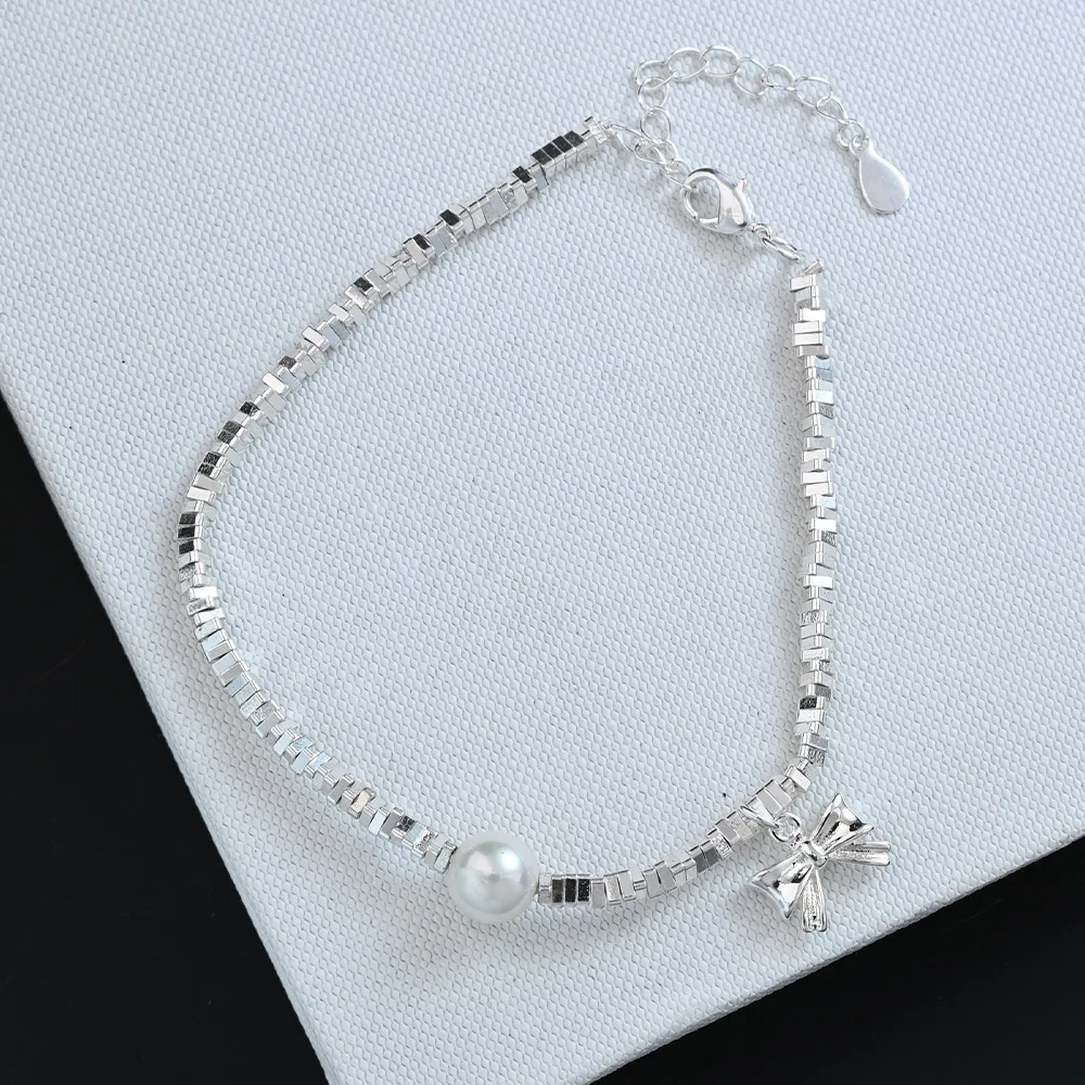 925 Sterling Silver Bracelets for Women Men String Accessories Trend Mini Beads Pearl Bow Pendant Party Jewelry Gift