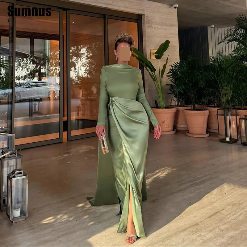 

Sumnus Простые вечерние платья русалки с высоким воротом и разрезом по бокам, атласные вечерние платья Саудовской Аравии فساتين سهرة по индивидуальному заказу