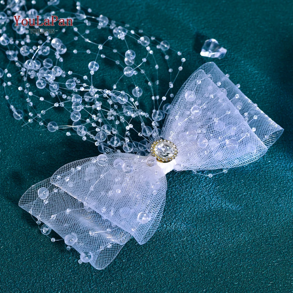 

YouLaPan Long Pearls Tassels Bridal Headband with Hair Clip Double Layered Bow Tie Wedding Headpieces Hair Accessories HP941