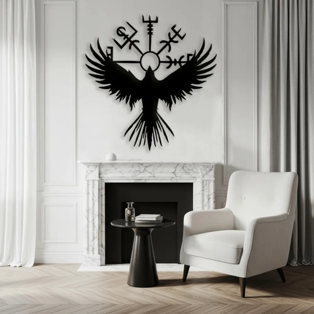 CIFBUY Iron Wall Art Rustproof Metal Viking Vegvisir Raven Sculpture Waterproof For Home Game Room Decor