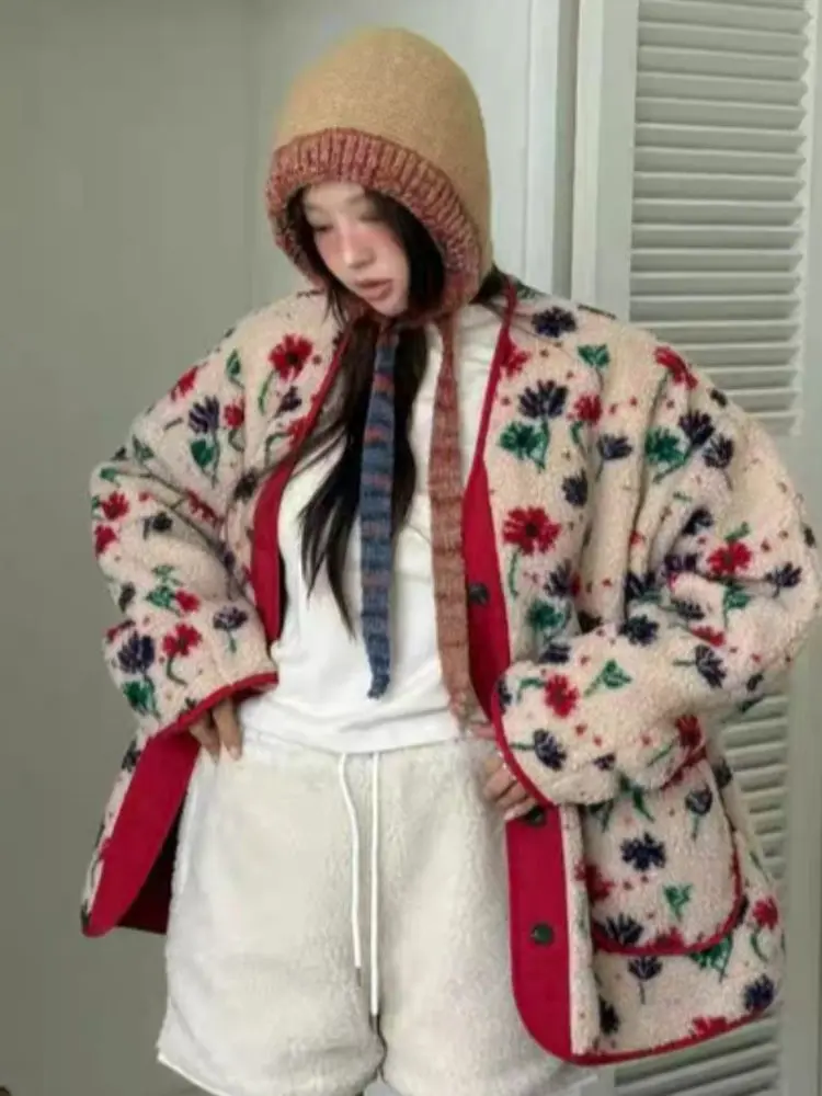 

Хлопковая куртка с цветочным принтом из меха ягненка, женское свободное теплое антивозрастное двустороннее хлопковое пальто, осенне-зимняя верхняя одежда