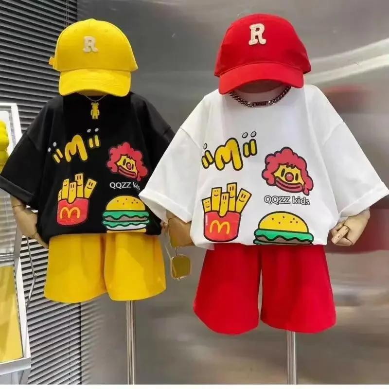 Burger fries print Two piece set clothing cotton cute loose versatile short sleeved T-shirt shorts sets for boy girl