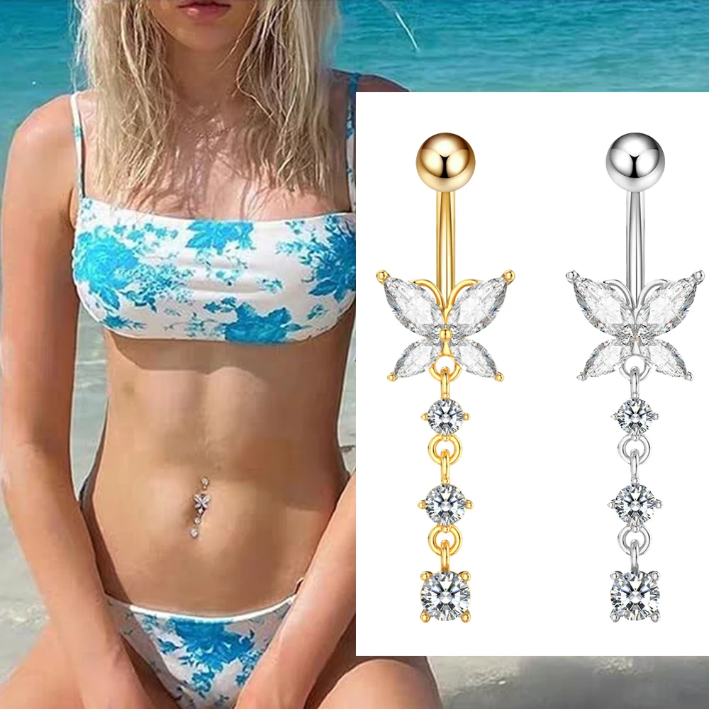 Butterfly-Serie Bauchnabelpiercing Goldfarben mit Kristallen CZs 14G Gebogener Nabelring Strandparty-Accessoires