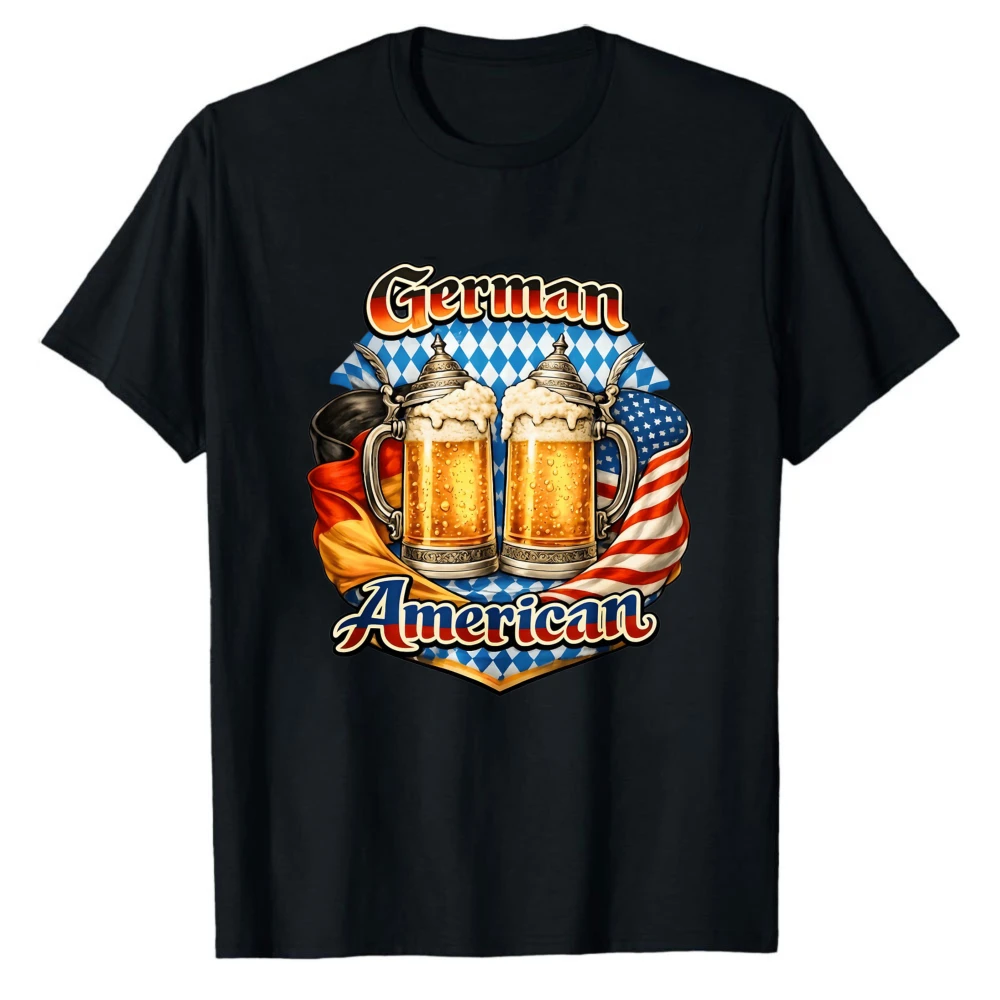 German American Oktoberfest Beer Stein Double Mug German USA Flag Bavarian Diamond Pattern T‑Shirt Heritage Culture Print Tees