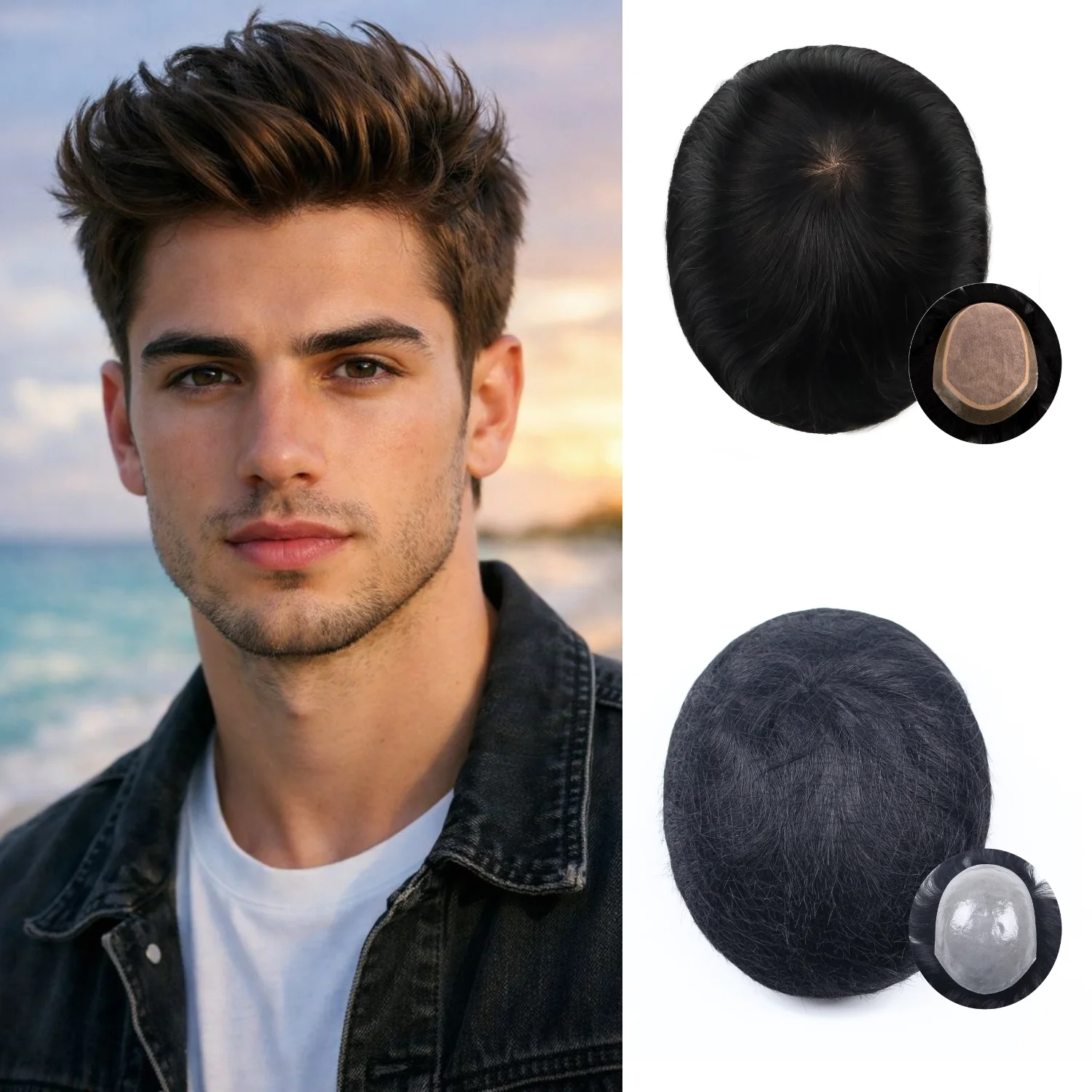 

Черный мужской парик-накладка из натуральных волос 1b, реалистичный, с моно-основой и полиуретановым ободком, для замещения волос, протез для волос