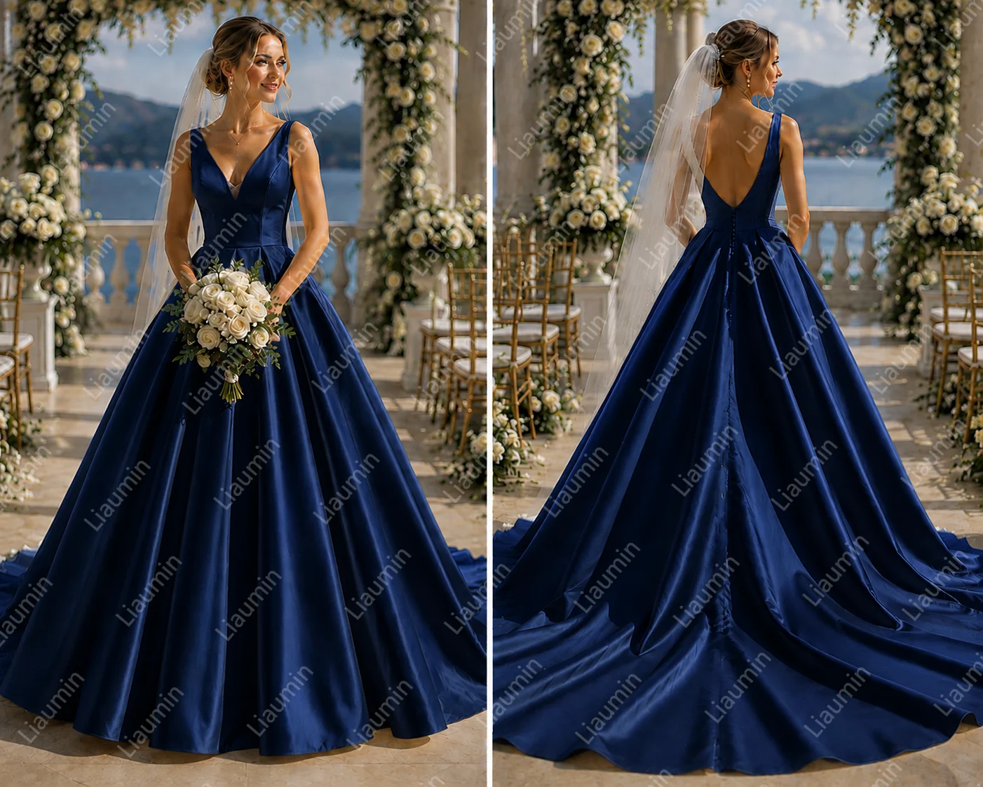 Königsblaues Satin-Brautkleid Ärmellos V-Ausschnitt Prinzessinnen-Hochzeitskleid Bodenlang mit Schleppe Brautkleider nach Maß W22.55