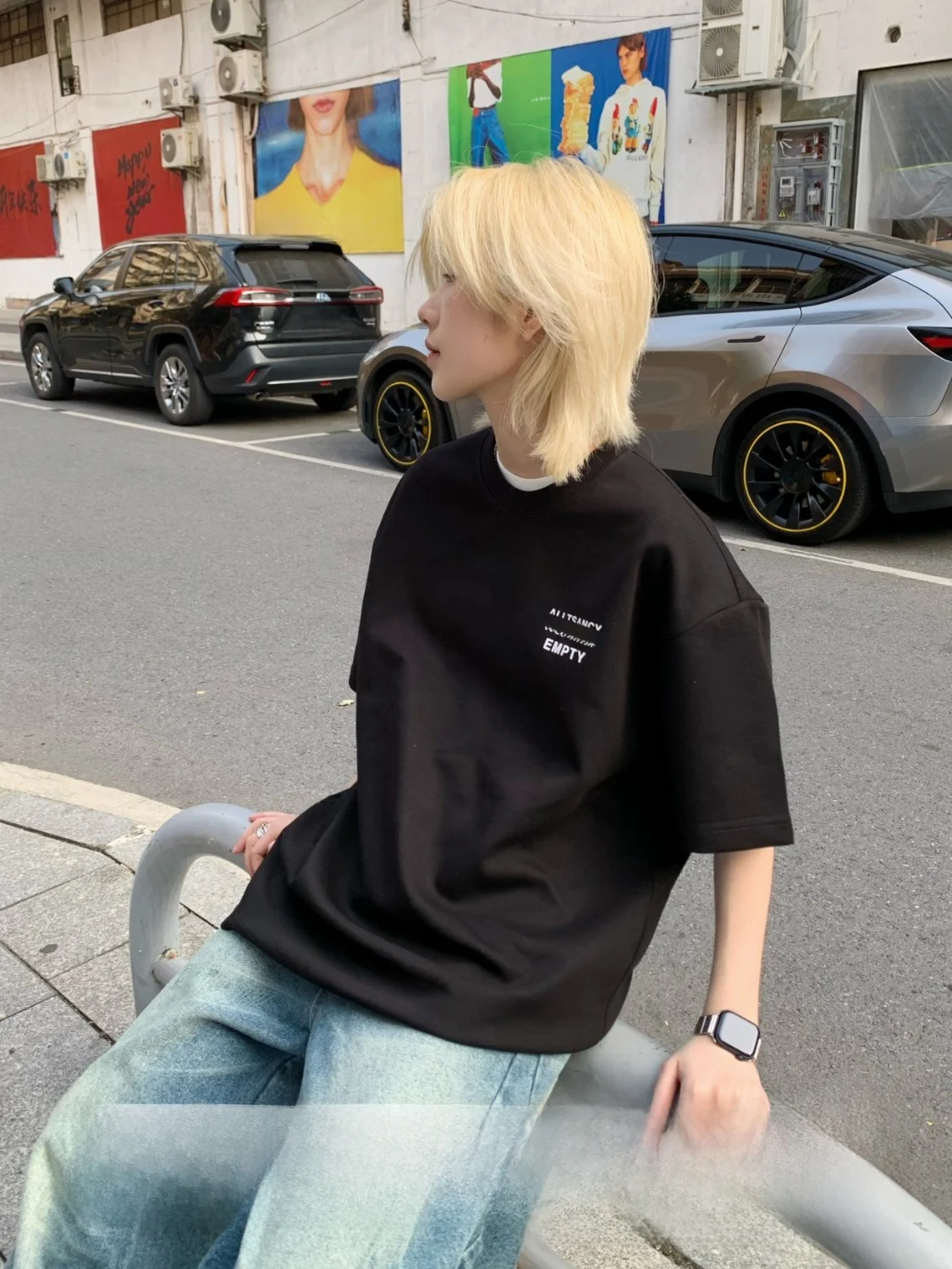 Street Style round Neck Short Sleeve T-Shirt Couple Matching Printed Casual Loose Fit Summer Polyester Cotton Blend Tee
