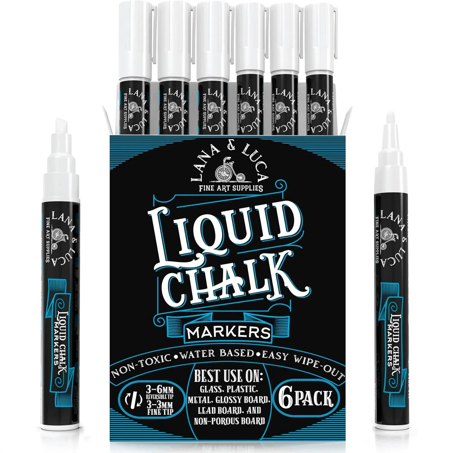 

Liquid Chalk Marker Pens - White Dry Erase Markers for Chalkboard Signs, Windows, Glass (6 Pack) with Reversible Tips