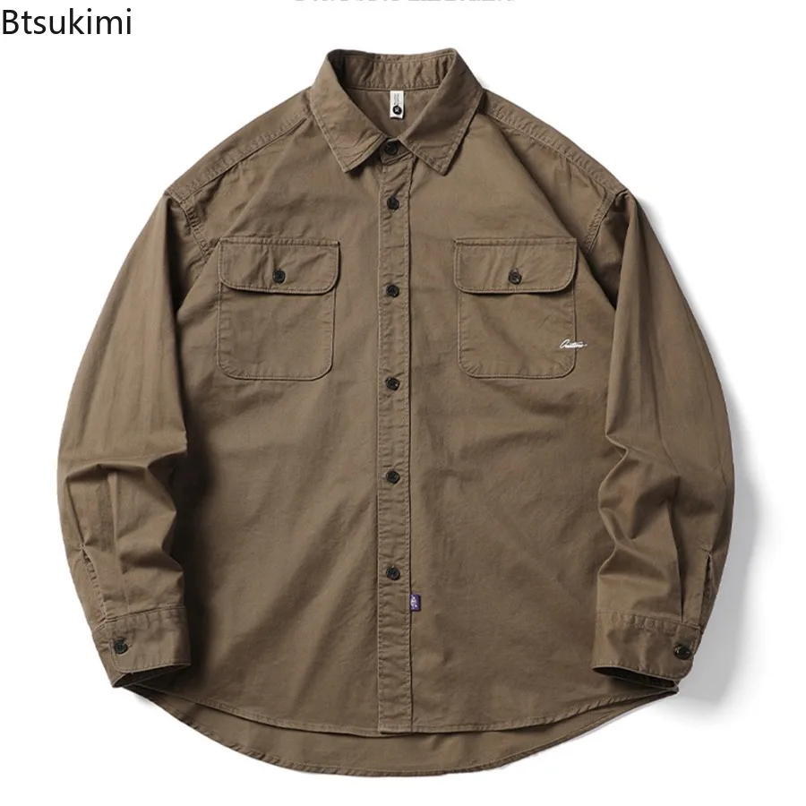 

Men's Pure Cotton Solid Shirts Streetwear Fashion Loose Casual Long Sleeve Vintage Cargo Shirts Male Oversize Blouses Jackets