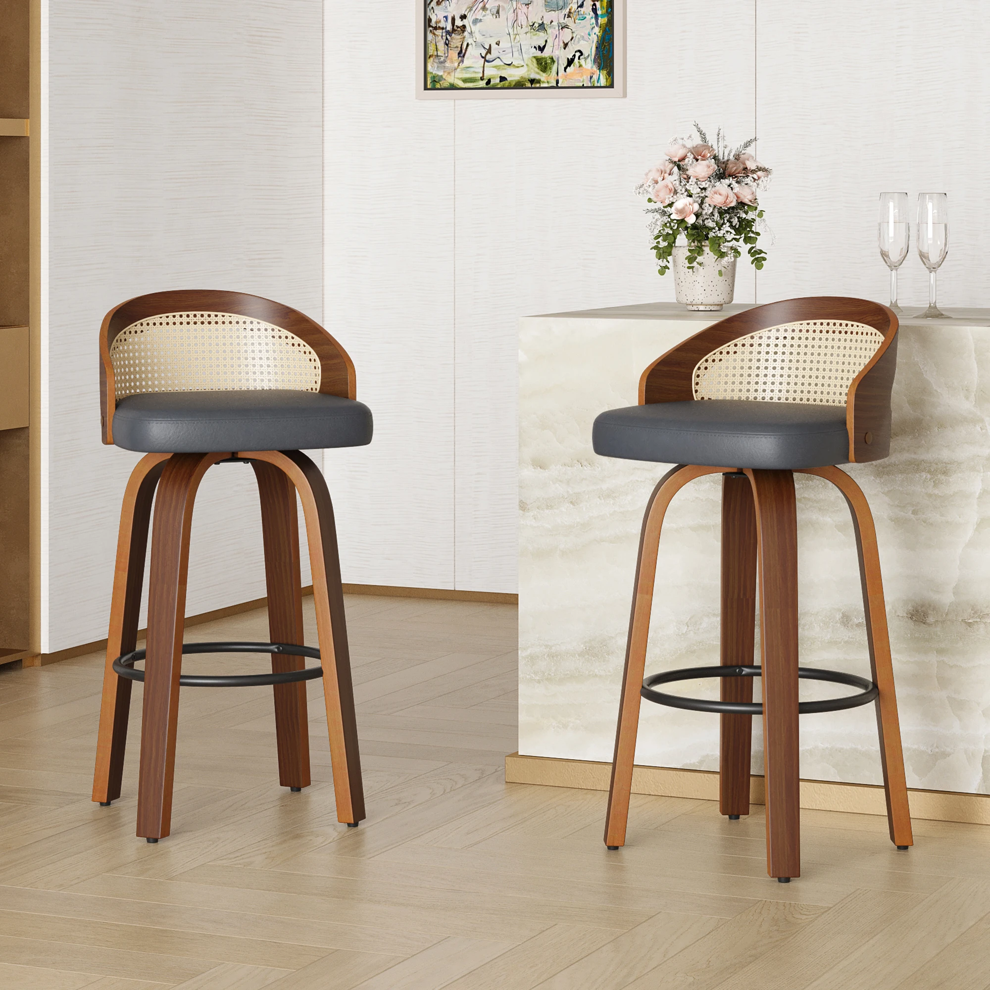 Set of 2 Swivel Bar Stools, Modern Wood Frame with Rattan Back, PU Leather Seat for Kitchen Counter, Bar Table